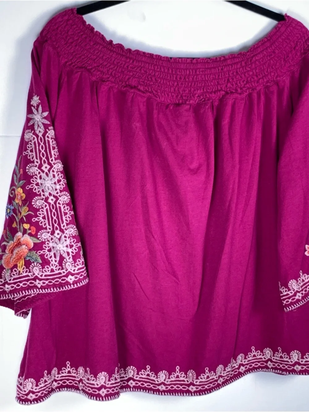 Johnny Was Oversized Off Shoulder Embroidered Boho Floral Peasant Top Cotton